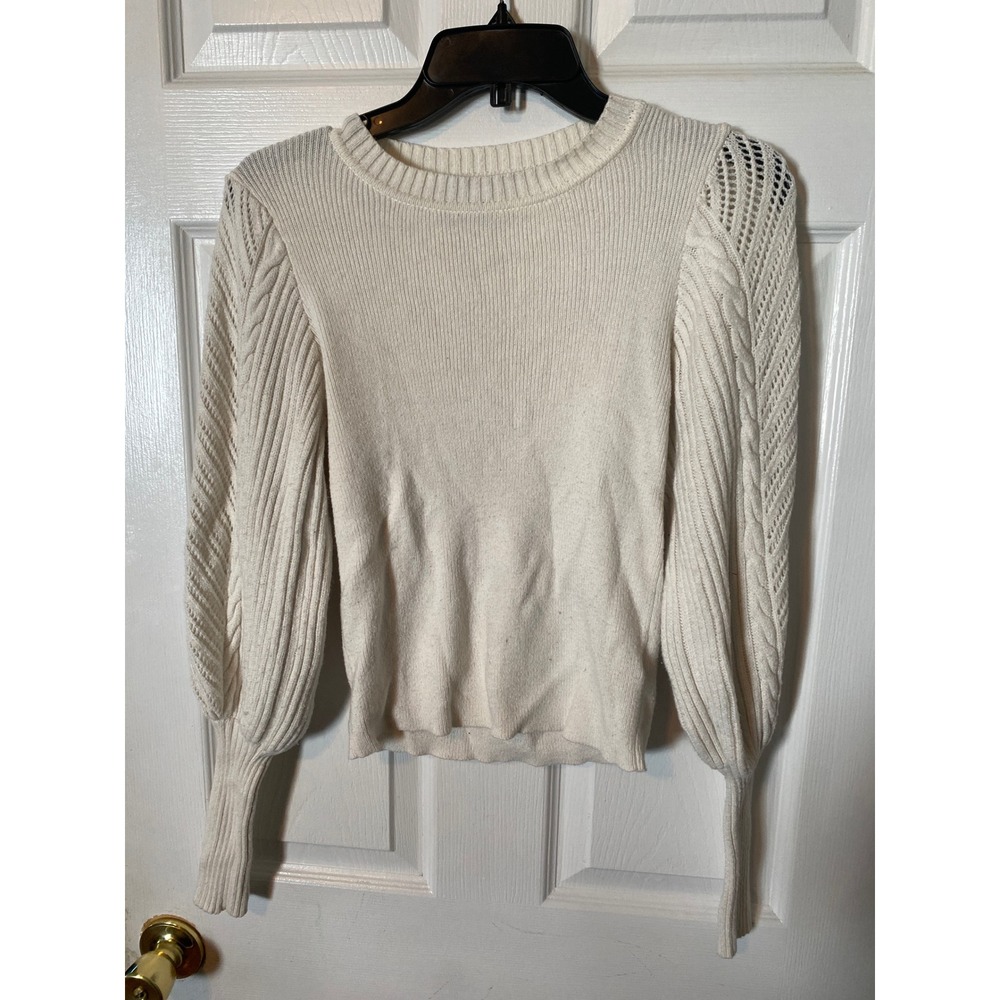 Express Womens Cream Cable Knit Puff Sleeve Sweater Size S Balloon Sleeve Ribbed